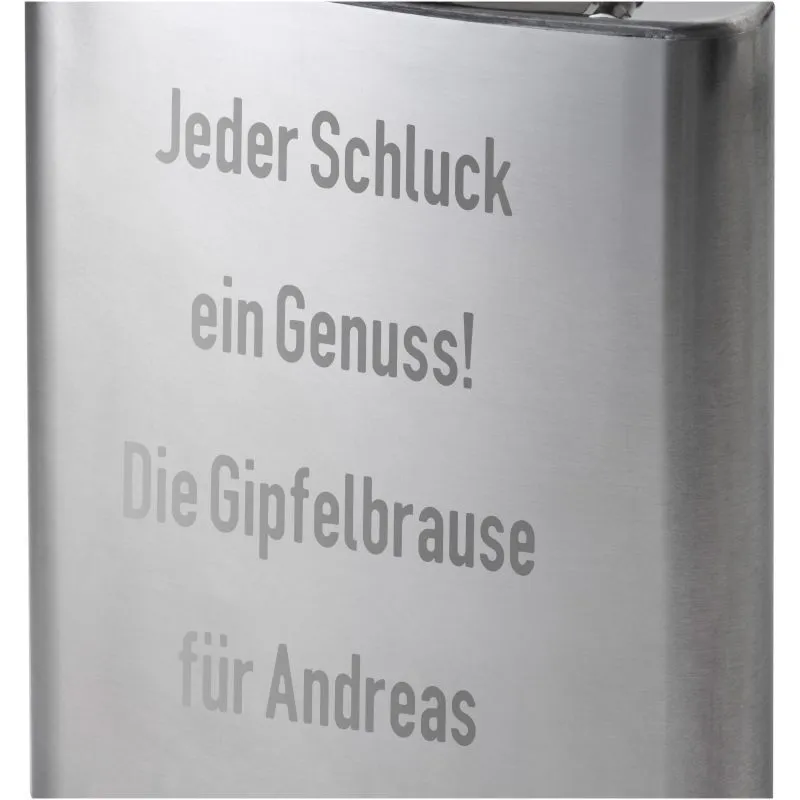 Flachmann aus Edelstahl mit individueller Text-Gravur