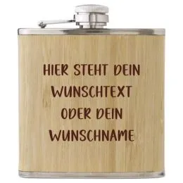 Flachmann aus Edelstahl mit Bambus Gravur mit Wunschtext oder Namen